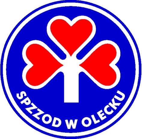 Logo przedstawia trzy czerwone serca w kształcie liści wyrastające z białego pnia na niebieskim tle. Wokół okręgu widnieje napis: „SPZZOD w Olecku”.